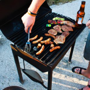 Person grilling with beer nearby