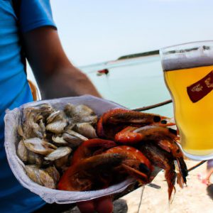 Person holding beer and seafood