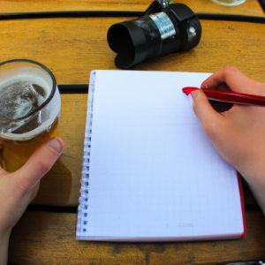 Person holding beer, writing review