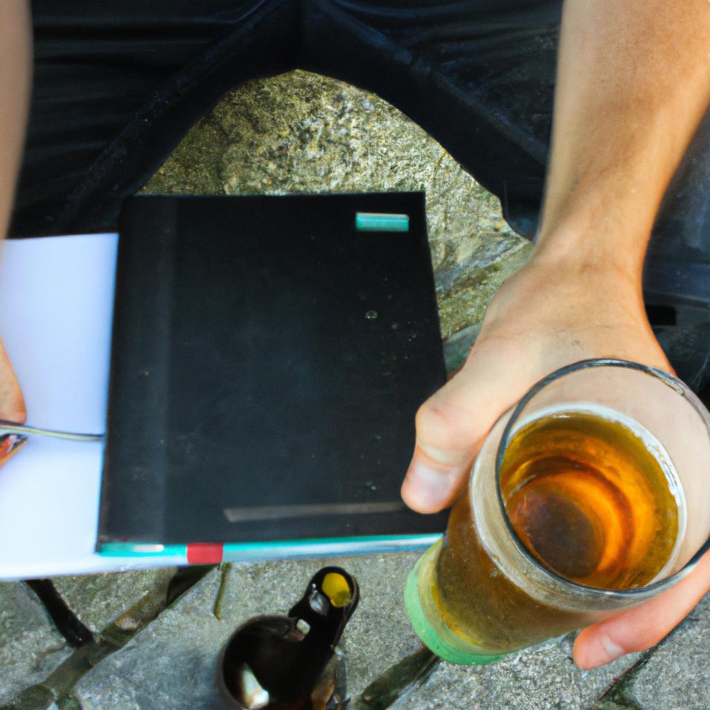 Person holding beer and notebook