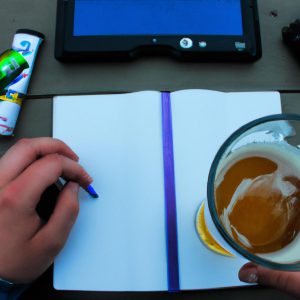 Person holding beer, writing review